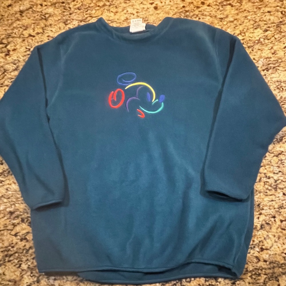 Vintage Walt Disney World Mickey Mouse Fleece Sweatshirt Teal Embroidered Medium